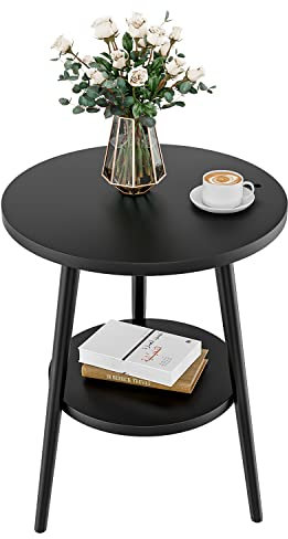 KZOBYD Beistelltisch mit 2 Ablagen rund Couchtisch mit Stauraum, 2-Ebenen Sofatisch mit runden Einlegeböden, Nachttisch Holz Tisch mit Stahlgestell, 38 x 55cm (ohne Ladestation, Schwarz)
