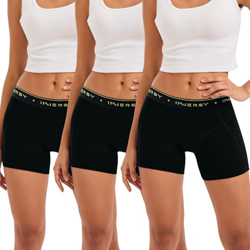 INNERSY Womens Boxers Underwear Ladies Boxer Shorts Knickers Pack of 3 | Stretch Cotton Boyshorts Panties, Mid Rise Pants, Sporty Logo Waistband, Tag-free, Under Dresses/Skirts, for Daily Wear
