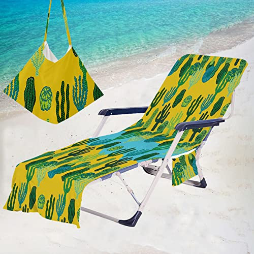 Surwin Kaktus Schonbezug Für Gartenliege Strandliegenauflage Sommer Frottee Liegenauflage Stuhl Strandtuch Sun Lounger Bezug mit Tasche Sporthandtuch für Schwimmen Garten (75x210cm,Gelb)