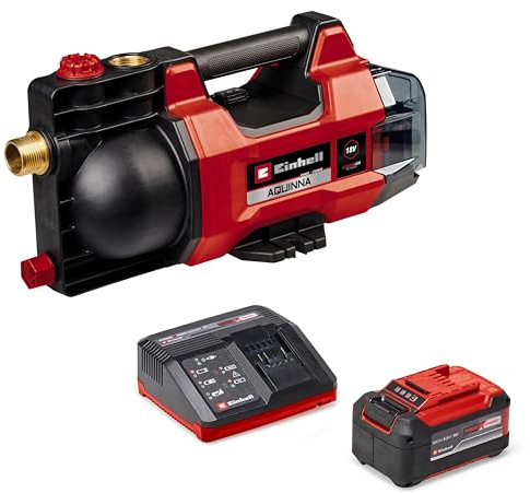 Einhell Akku-Gartenpumpe AQUINNA 18/28 Power X-Change (18 V, max. 2800 L/h Fördermenge, max. 25 m Förderhöhe, ECO-/ Boost-Modus, inkl. 5,2 Ah Akku, Fastcharger und 4m Saugschlauch)