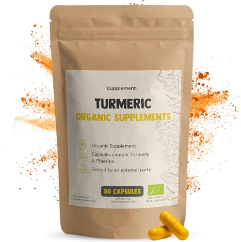 Cupplement Kurkuma Kapseln (Curcuma mit Piperin) 600 mg Bio 80 Capsules - Kurkuma-Pulver mit schwarzem Pfeffer – Kurkuma-Kapseln mit schwarzem Pfeffer - Widerstand & Leber - Kurkuma - Vegan - Ohne