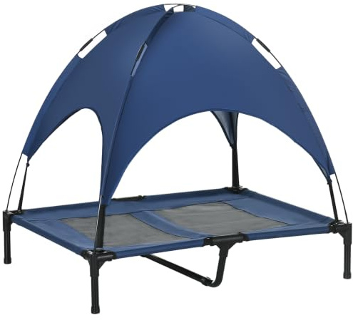 PawHut Erhöhtes Hundebett mit Baldachin Outdoor Dunkelblau 92 x 76 x 90 cm | Haustierbett, Hundeliege Outdoor mit Dach, Atmungsaktiv Sonnenschutz, Taftstoff, Camping