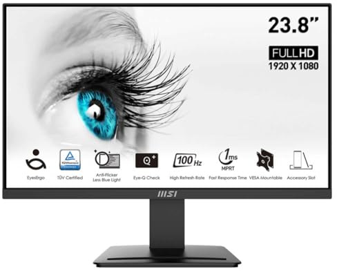 MSI PRO MP2412 - Monitor ergonomico per computer aziendale da 23,8, FHD 1920 x 1080, VA, senza cornice, 100 Hz, 1 ms, compatibile con inclinazione, porta HDMI&DP, VESA, colore: nero