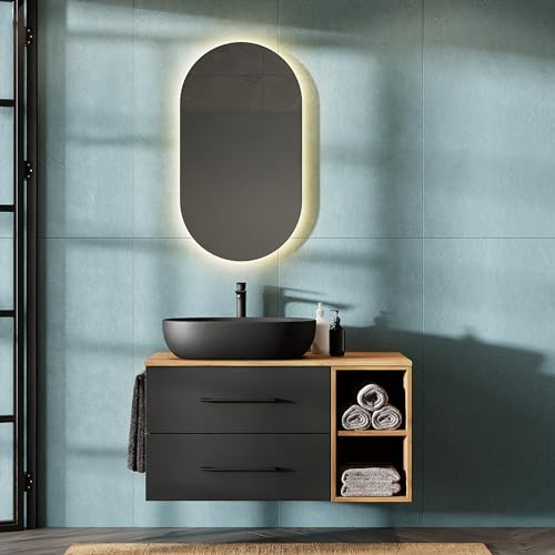 Planetmöbel LUX Badmöbel Set Waschbecken mit Unterschrank | 100 cm, Aufsatz-Waschbecken 60 cm schwarz, Spiegel 50 cm (ohne LED), Waschbeckenunterschrank Gold Eiche/Anthrazit