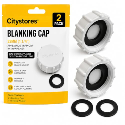 Citystores® 2 Pack Blanking Caps 32mm – 1.1/4 White Appliance Trap Caps with Washers – Waste Pipe End Stops for Kitchen Sink Plumbing & Washing Machine Outlets