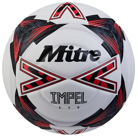 Mitre Impel Evo Ballon de Football | Ballon d’entraînement Durable | Technologie Hyperseam, Blanc/Noir/Rouge (Bib Red), 5, 68-71 cm