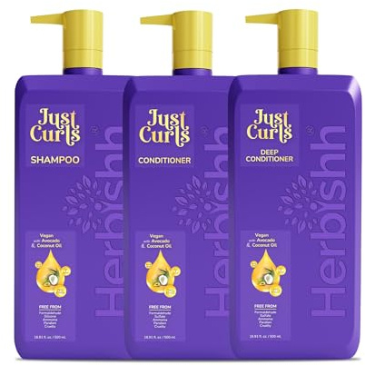 Herbishh Just Curls Vegan Shampoo and Conditioner + Leave in Deep Conditioner for Curly Hair Products Kit Enriched with Avocado & Coconut Oil for Dry Damaged, Wavy, Curly Hair Gift set for Women & Men