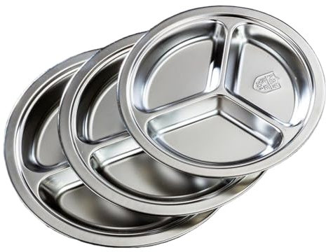 Bafnsiji Conjunto de 3 Placa Dividida de Acero Inoxidable, Bandeja de Cena Dividida de 3 Compartimentos, Placa de Comedor Redonda de Acero Inoxidable 304, Placa de Cena Dividida Redonda,22cm