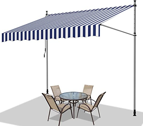 Jiubiaz Klemmmarkise Ohne Bohren, 300cm Breit, Balkonmarkise mit Handkurbel, Sonnenmarkise für Terrasse, höhenverstellbar, UV-beständig, Sonnenschutz, Manuell Einziehbar, Blaue und Weiß