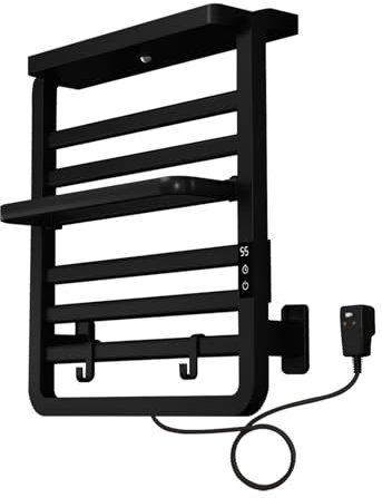 TINS Handtuchheizkörper Elektrisch, Badheizkörper mit LED Bildschirm und APP-Steuerung, 140W Badheizkörper Elektrisch mit Abnehmbaren Haken und Abnehmbaren Aufhängestangen- Black 49x13.2x55cm