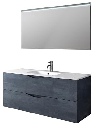 Mobile bagno PLUTONE 3 pezzi in melaminico antigraffio, base sospesa 120 cm con 2 cassetti soft close, lavabo in ceramica bianca, specchio con luce LED integrata, made in Italy (Blu pietra)