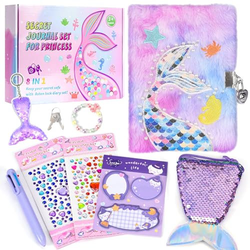 Tagesbuch mit Schloss, Geburtstagsgeschenk für Mädchen im Alter von 6, 7, 8 Jahre, Tagebuch für Mädchen im Alter von 8-12, Kindertagebuch für kleine Mädchen, Fuzzy Mermaid Notizbuch (Violett)