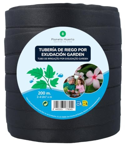 PLANETA HUERTO | Tubería de Riego por Exudación Garden 200 m | Manguera Exudante para Jardín y Huerto Urbano | Ahorro de hasta 30% de Agua | Caudal 2-4 l/m² x m | Reutilizable y Fácil de Instalar