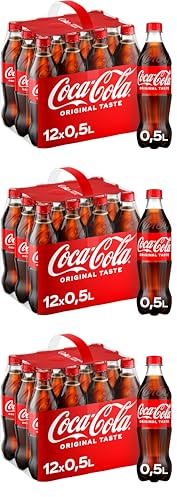 Coca-Cola Classic, Pure Erfrischung mit unverwechselbarem Coke Geschmack in stylischem Kultdesign, 12 x 500 ml Einweg Flasche (Packung mit 3)