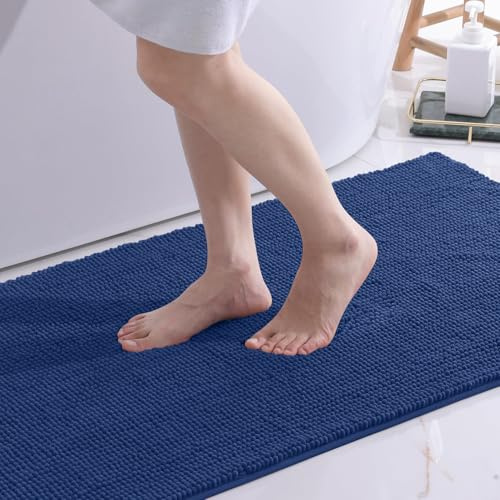 OLANLY Chenille Badematte rutschfest Badezimmerteppich, 60x90 cm | Waschbar Badteppich Badvorleger Saugfähige Duschvorleger Badezimmer Deko, Marine Blau