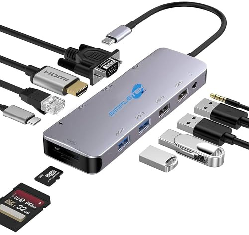 SIMPLETEK - Docking Station Adaptador Usb Type C SD Card Reader VGA HDMI LAN USB-C USB 3.0 USB 2.0 Audio Jack Hub USB Multifuncional 11 en 1