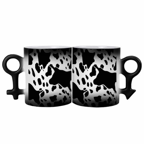 GHBNK Kaffeetassen mit Farbwechsel, 2 Stück, Paar, Symbol, Keramik, groß, schwarz-weiß, Kuhdruck, Kaffeetasse mit Griff, lustige Tasse, Teetasse für Büro, Zuhause