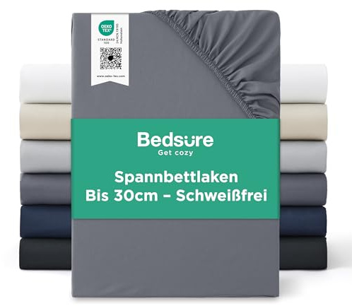 Bedsure Spannbettlaken 140x200cm Bettlaken Mikrofaser - bis 30cm, Anthrazit | Spannbetttücher mit Gummizug & Tiefe Tasche, für Boxspringbett und Dicke Matratzen, Atmungsaktiv & Schnelltrocknend, Oeko-TEX