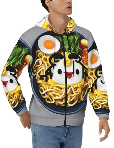 WYCZHY Sudadera con capucha de manga larga para hombre, diseño de huevera, fideos, ramen, primavera, casual, con cordón, con bolsillo y cremallera completa, Negro, XXL