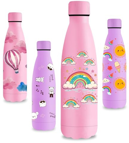 Vikastar Gourde Isotherme, 500ml Sans BPA, Bouteille Isotherme Enfant, Anti Fuite, Gourde Inox pour Adulte, Sport, Gym, Enfant, École, Rose Arc-en-ciel
