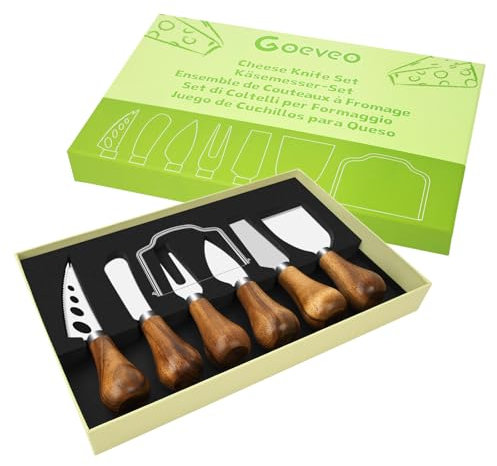 Goeveo 7 Piece Cheese Knife Set, Mini Stainless Steel Cheese Knives with Acacia Wood Knife Handles and Slicer, Cheese Knives Gift Set for Family Gathering Party Halloween Christmas