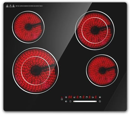 Borrallio Ceramic Hob 4 zones 60cm Black Glass, 6700W, Built-in Hob 4 Ring | Oval Ceramic Hob 4 zones, Electric Hob 4 Burners, Sliding Touch Control, Timer, Child Lock, Black Glass, No Plug Included
