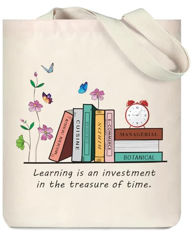 WIERAEM Canvas Tote Bag books Aesthetic Einkaufstasche für Damen stofftasche mit Reißverschluss und Innentaschen Handtasche Baumwolle Tasche Wiederverwendbare Tragetasche stoffbeutel Beige