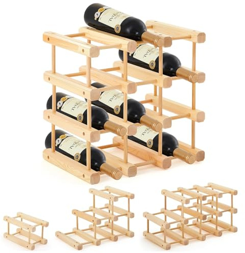LASIEYO Wooden Wine Rack for 12 Bottles, 4 Tier Free Standing Wine Storage Organizer, Bottle Display Shelf for Countertop, Kitchen, Restaurant, Bar, Pantry, Cellar