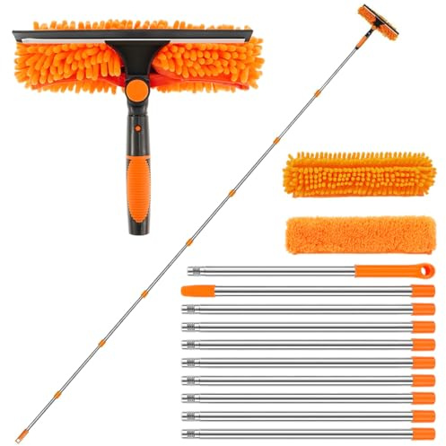 Set di lavavetri, 4,5 m, 3 in 1, con testa girevole a 270°, panno in microfibra e estrattore in silicone, pulitore per finestre con asta telescopica per finestre alte, doccia, auto, arancione