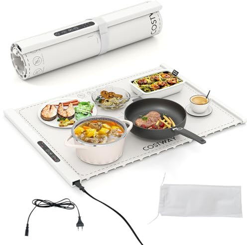 COSTWAY Chauffe Plat Électrique Pliable, Tapis Chauffant en Silicone pour Aliments, Plateau Chauffant Portable avec Température et Minuterie Réglables, pour Fêtes, Buffets, Réunions (Blanc)