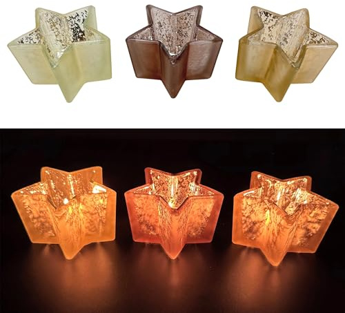 Teelichthalter Set Sterne aus Glas, Kerzenständer für 3 Teelichter - Deko für Herbst, Winter & Weihnachten, Tischdeko, Kerzenhalter
