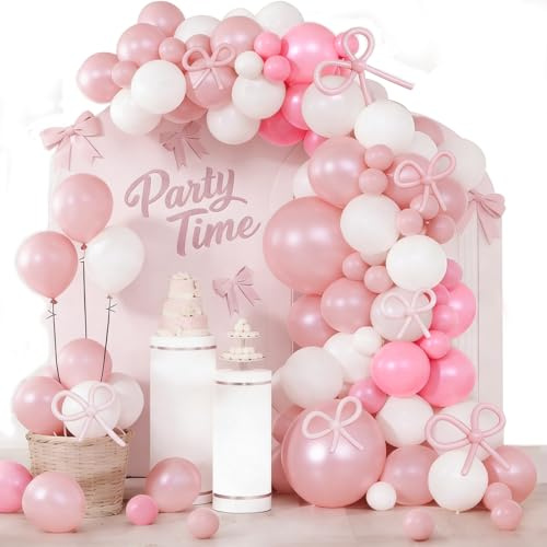 Pink White Bow Balloon Arch Kit, Bow Knot Balloons, 104Pcs 18 12 10 5 Inch Different Sizes Balloon Garland, Latex Balloons, Perfect for Baby Shower, Birthday, Wedding, Hen Party Decorations