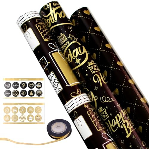 MOLIMOLI Carta da Regalo Oro Nero, 6 Fogli 70x50cm, con Nastro e Adesivi, Nero Nobile per Compleanno, Natale, San Valentino, Space Design