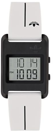 adidas Retro POP Three Unisex Digital Armbanduhr, Quarz, Edelstahl, 31 mm, Silikonarmband, Weiß, 3 bar, Digital LED-Display, AOST25536