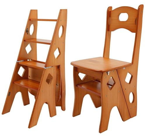 RjcdOPL Escabeau Chaise 2-en-1 à 4 Marches, Chaise Échelle Pliable, Bois de Pin Verni, Capacité 100 kg, Léger et Polyvalent, pour Salon, Cuisine, Bibliothèque, Jardin (Caramel)