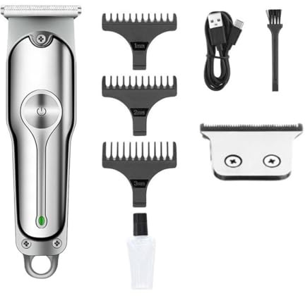 Professional Hair Trimmer with Carbon Steel Blades, Two-Level Adjustment, 3 Limit Combs (1mm/2mm/3mm), LED Indicator Light, Silver