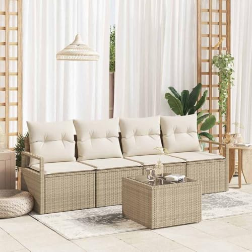 Hoopleep Garten Loungeset 11-teilig, Beige Creme Poly-Rattan, Modulares Sofa mit Tisch, Outdoor Sitzgruppe für Terrasse, Balkon, UV-beständig, Stahlrahmen, abnehmbare Kissen