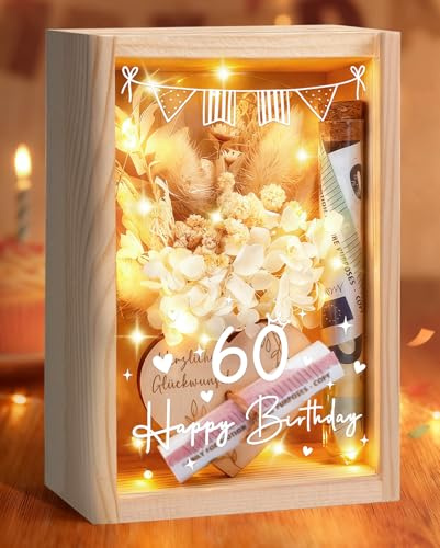 Geldgeschenke 60. Geburtstag Frau, Geschenke zum 60 Geburtstag Frau | Geschenkbox inklusive Trockenblumen+LED Lichterkette+Reagenzglas+Geburtstagskarte, als Geldgeschenke Verpackung & Deko