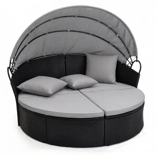 LIFEZEAL Rattan Sonneninsel mit Sonnendach, Gartenliege Sonnenliege mit Kissen, 5-teiliges Lounge Set mit faltbarem Regencover, Gartenlounge Terrassenmöbel bis zu 360 kg (Grau, 187 x 180 x 157 cm)