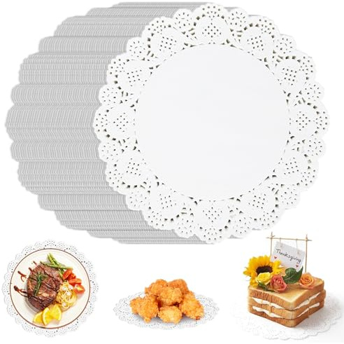poraceous 150 Stück 21cm Tortenspitze Rund Papierdeckchen, Tortenpapier Weiße Spitzenpapier, Tortenunterlage Rund, Papieruntersetzer für Geburtstag Kuchen Desserts Geschirr Lebensmitteldekoration