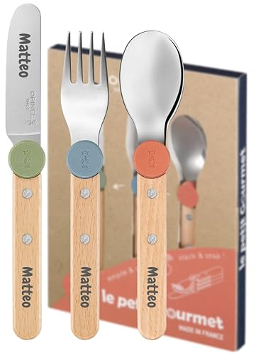 Opinel Le Petit Gourmet Kinderbesteckset mit Gravur – 4-teiliges Edelstahl Kinderbesteck – Lernbesteck für Kinder – personalisierbares Besteck Set – Geschenk für Kinder Geburtstag Einschulung (Mix)
