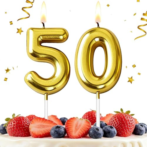 HLWGFJDY 50th Birthday Candles Gold Number 50 Cake Topper Happy Birthday Cake Decorations for 50th Birthday Party, Gold Candles for Birthday Anniversary Celebration Party Supplies