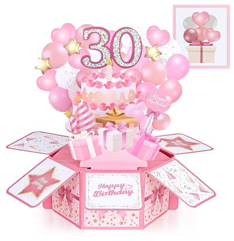 Joyoldelf 30-årsfödelsedagskort för mamma kvinnor – 3D-pop-up-kort med klisterlapp och kuvert, rosa grattis på födelsedagen gratulationskort till henne, omtänksam 30:e present till fru, syster vän