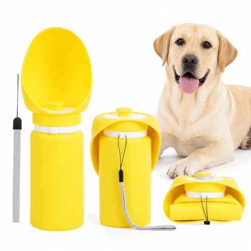 Bouteille d'eau pour Chien Pliable en Silicone 550ml, Gourde Voyage Portable sans BPA avec Distributeur et Étanche, Bol d'eau Léger pour Promenade, Randonnée et Camping (Jaune)
