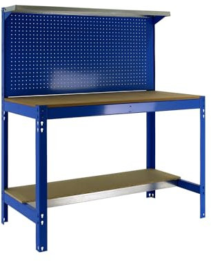 Simon Rack Banco da lavoro per officina, capacità di carico 600 kg, 1445x1210x610 mm, tavolo da lavoro fai da te, Blu/Legno - BT3