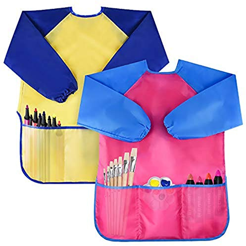 Amaza 2Pcs Grembiule da Pittura Scuola Grembiulino Maniche Lunghe Bambini 2-8 Anni (Giallo & Rosa)