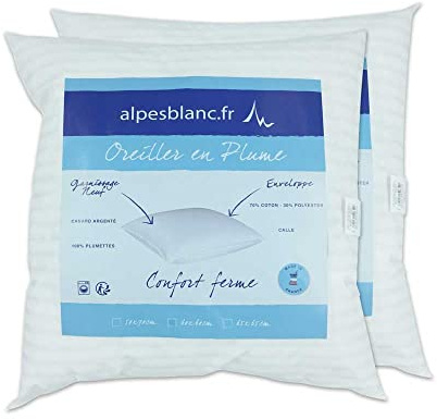 Alpes Blanc – Cuscini 100% piumette d'anatra nuove – per confezione da 2 – Trattamento antiacaro – Comfort solido e durevole – Produzione francese – 60 x 60 cm