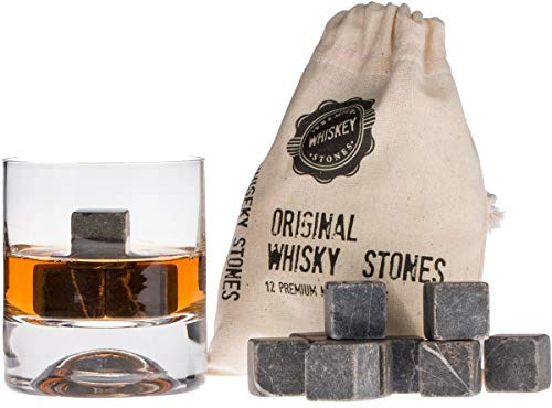 Premium Whiskey Stones Gift Set with 12 Pcs Stones and Bag. Whiskey, Bourbon, Cognac, Scotch,Gin, Wine Beverage. Marble Reusable Ice Cubes. Birthday Gift for Whiskey Lovers.… (Dark Grey)