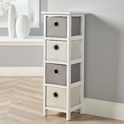 Home Source Storage Chest, Wooden Bedroom Hallway Cabinet, Faux Leather Drawers Organiser, White, 4 Drawer