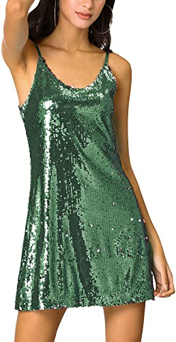 Allegra K Women's Glitter Sequin Dress V Neck Spaghetti Strap Halloween Mini Party Dress Clubwear Medium Dark Green